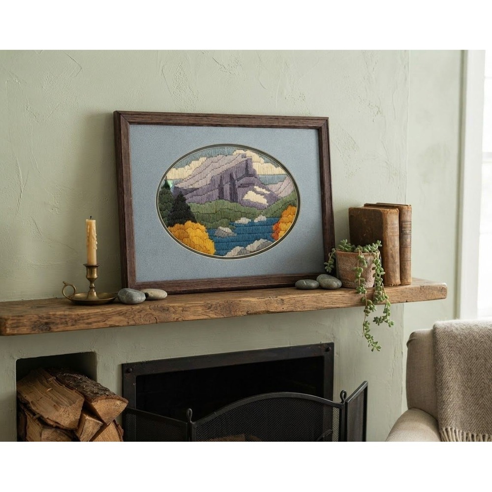 Vintage 1991 Hand Embroidered Mountain Landscape Needlepoint Framed Art 18x14